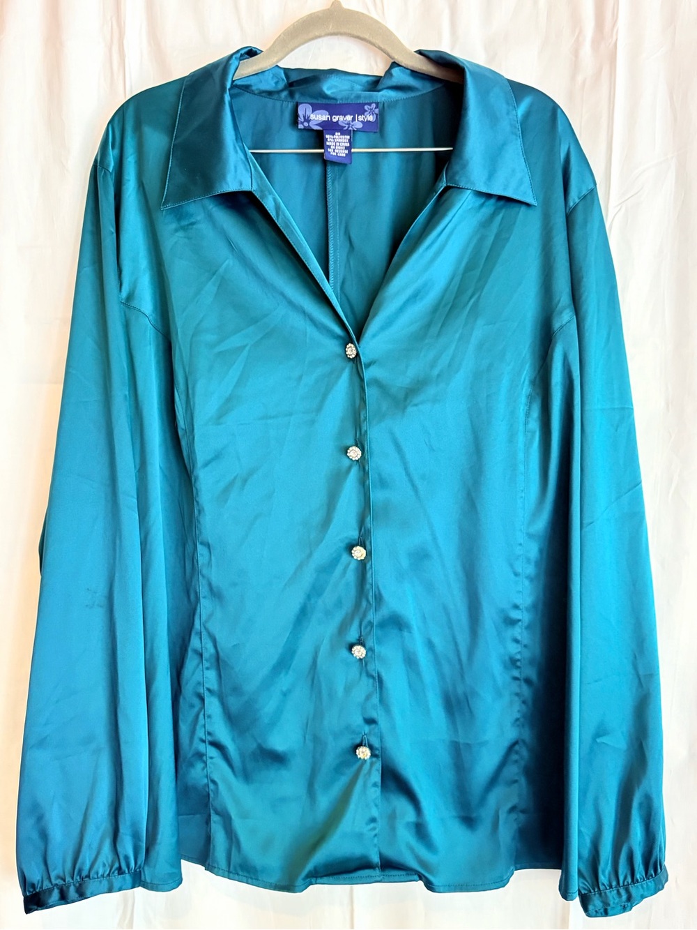 Susan Graver Teal Satin Button-Down Blouse